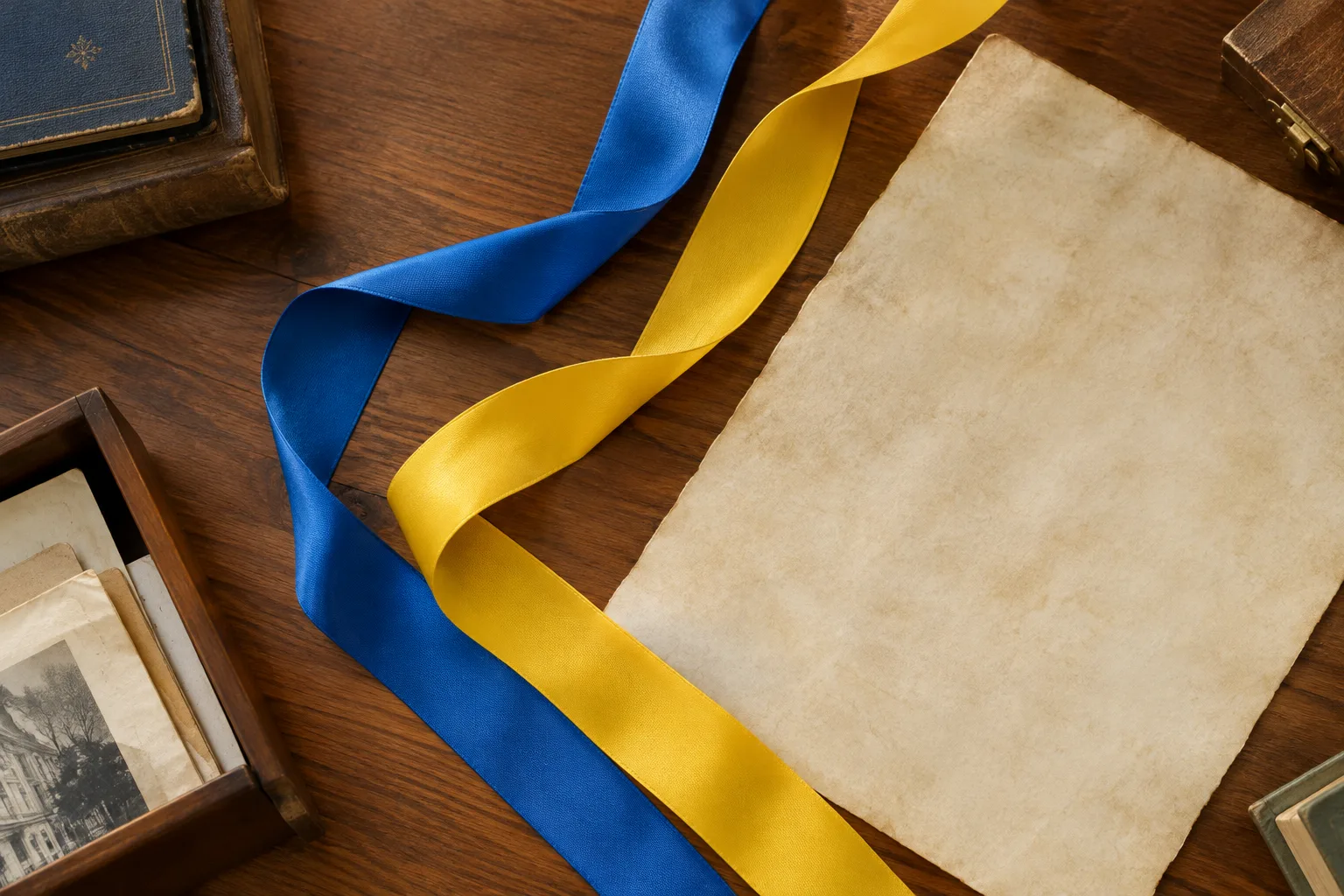 Синя й жовта стрічки поруч із чистим аркушем пергаменту
