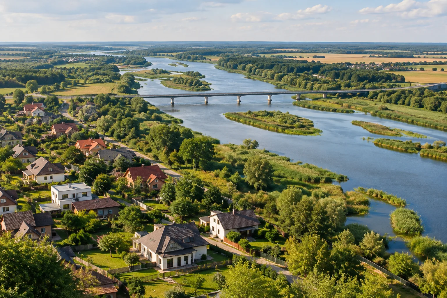 Скупчення будинків поряд із малозаселеними полями та лісом