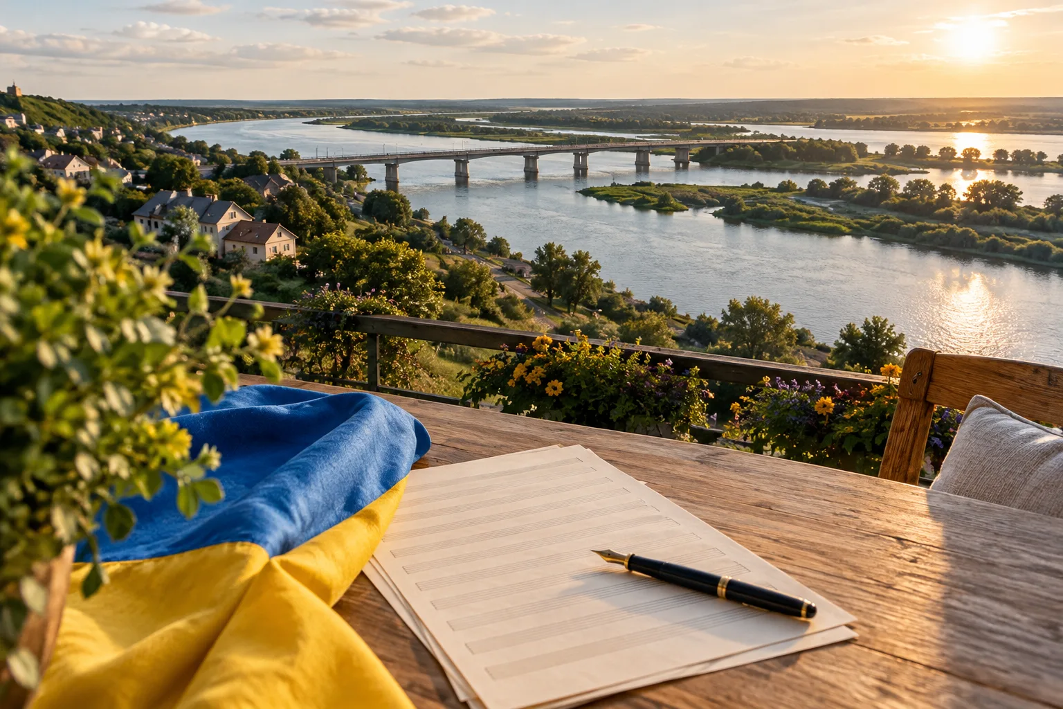 Нотний аркуш із пером на тлі українського прапора, річки та мосту на заході сонця