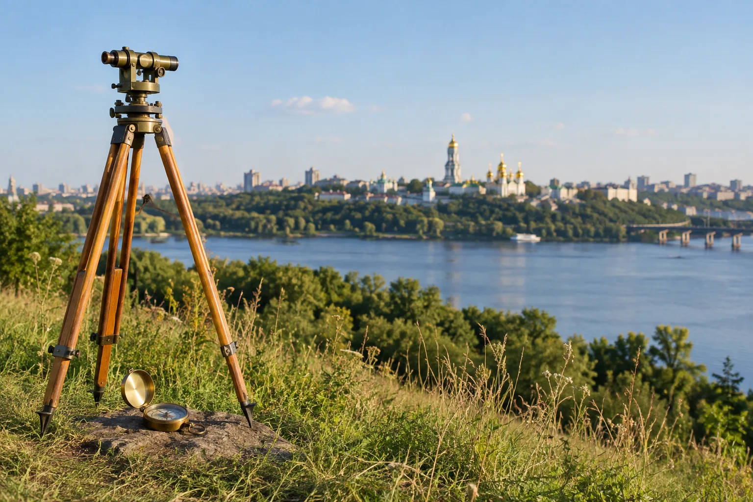 Геодезичний прилад на березі річки на тлі міського краєвиду
