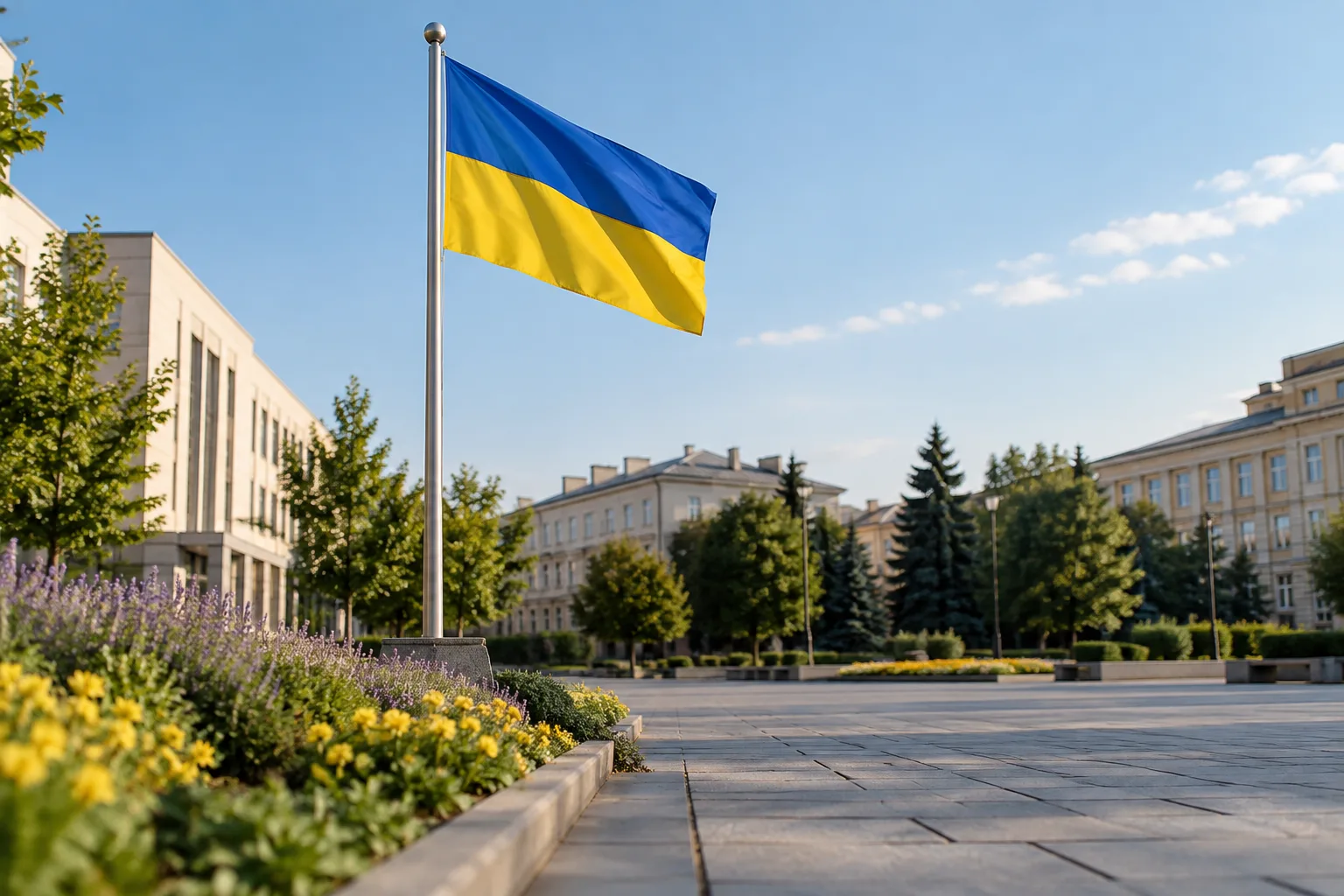Синьо-жовтий прапор на щоглі біля міської площі