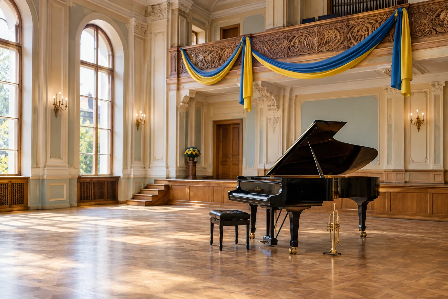 Рояль стоїть у парадній залі, прикрашеній синьо-жовтими прапорами